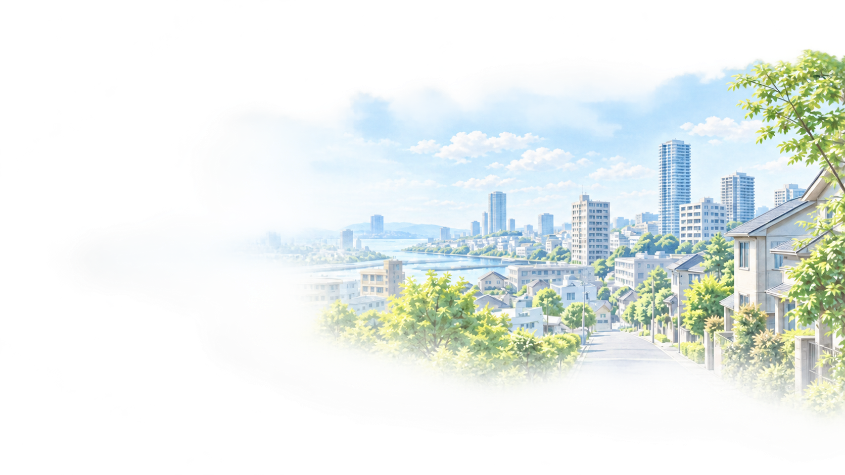 住宅街と水辺が広がる街並みのイラスト