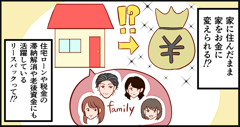 【マンガ画像はじまり】住んだまま家をお金に変えられる。住宅ローンや税金の滞納解消、老後資金にも活躍しているリースバックについて
