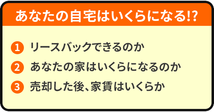 あなたの自宅はいくらになる!? 1リースバックできるのか 2あなたの家はいくらになるのか 3売却した後、家賃はいくらか?